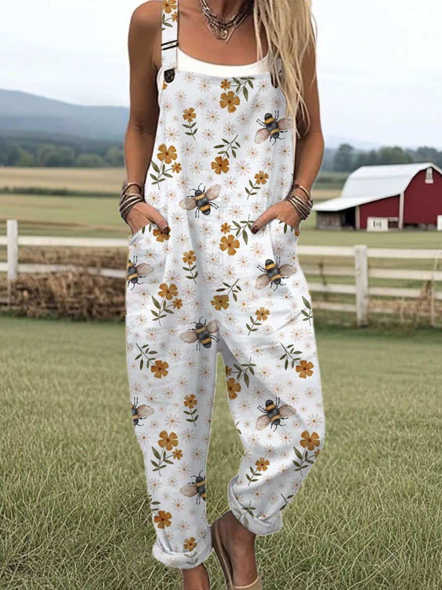 Women's Vintage Bee Floral Art Print Casual 100% Cotton Wide Leg Jumpsuit