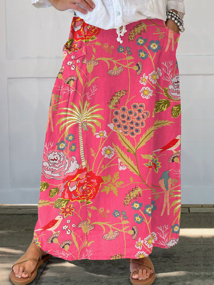 Women's Vintage Floral Art Print   Linen Pocket Skirt