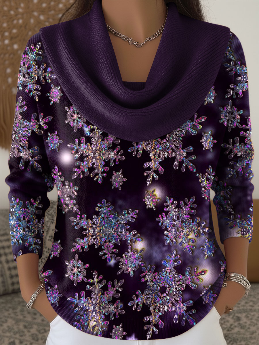 Women's Christmas Snowflakes Pattern Art Print Cowl Neck Sweater
