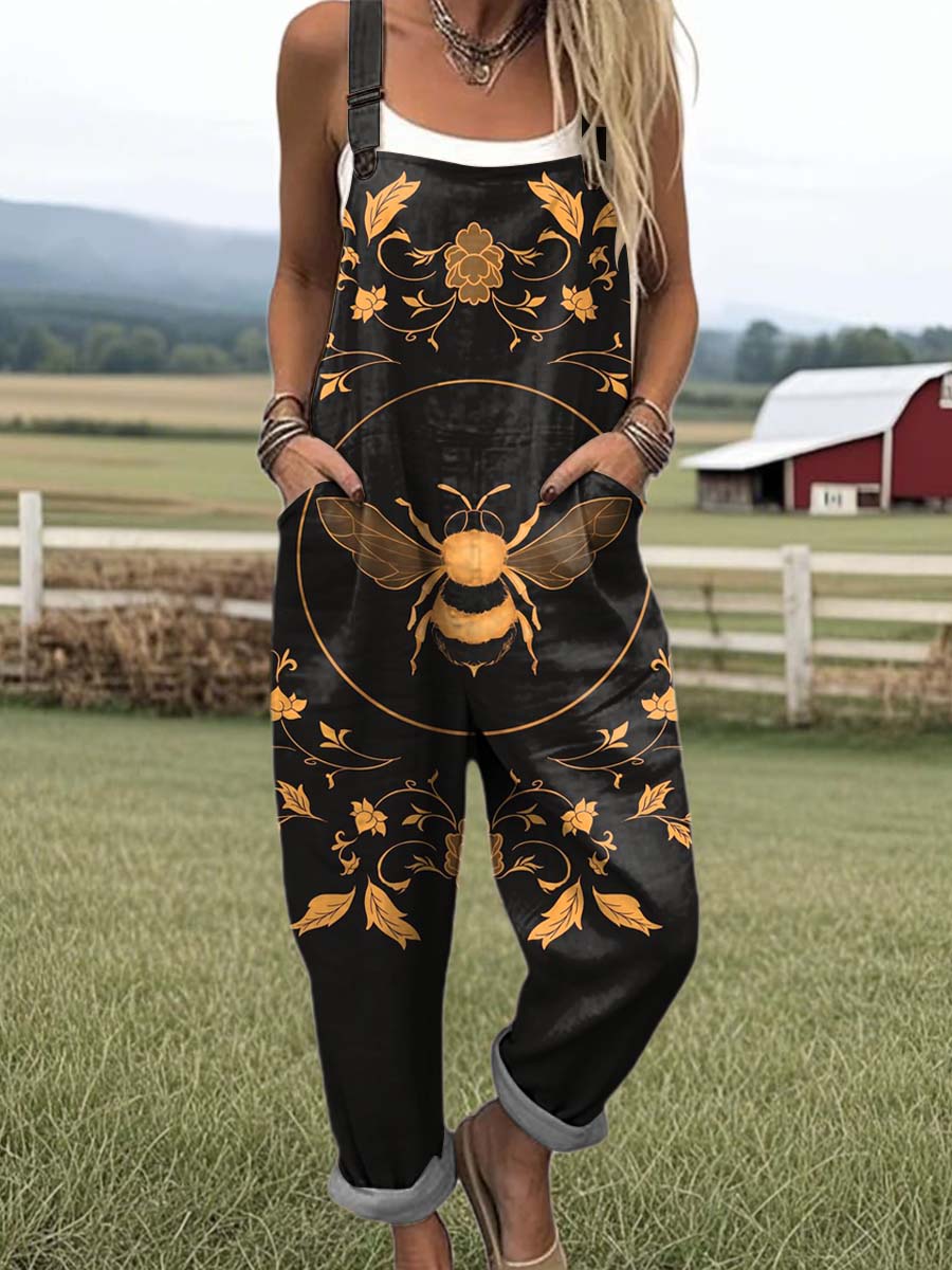 Women's Lovely Bee Floral Art Print Casual 100% Cotton Wide Leg Jumpsuit