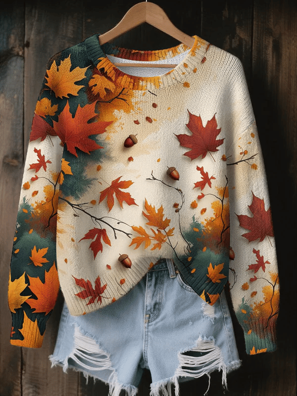 Women's Casual Autumn Leaf Print Sweater