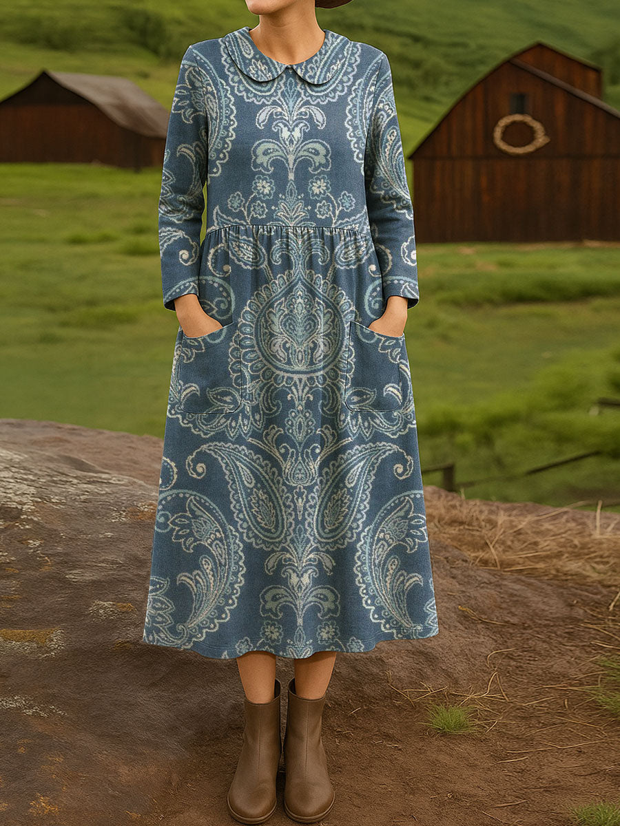 Women's Vintage Flower Art Print Cotton Lapel Button-Down Shirt Dress