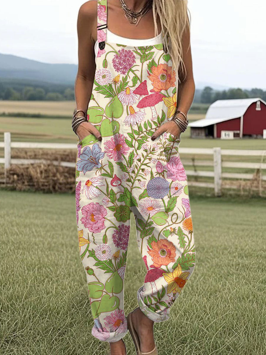 Women's Vintage Floral  Art Print Casual 100% Cotton Wide Leg Jumpsuit
