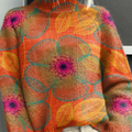 Fantasy Orange Bubble Flower Decorative Pattern Knit Turtleneck Pullover Sweater