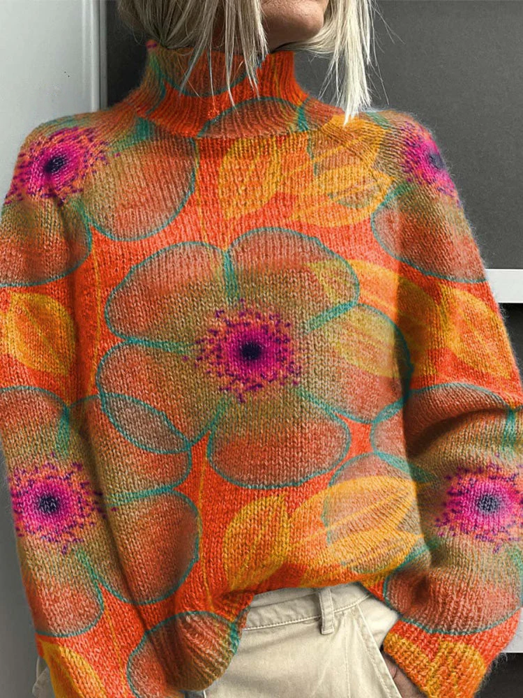Fantasy Orange Bubble Flower Decorative Pattern Knit Turtleneck Pullover Sweater
