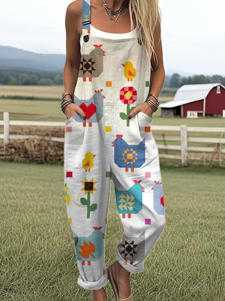 Women's Funny Chick Art Print Casual 100% Cotton Wide Leg Jumpsuit
