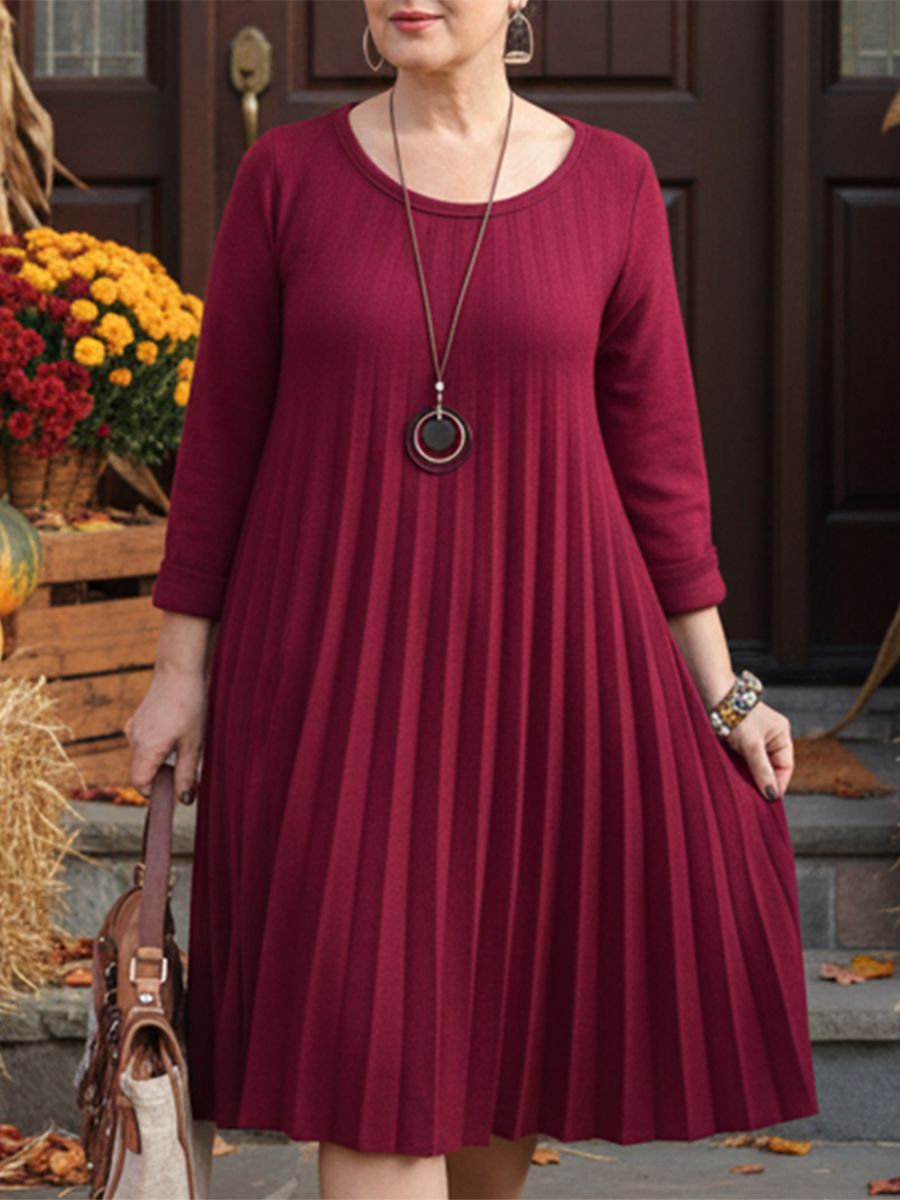 Women's Soft and Elegant Pleated Round Neck Knit Dress