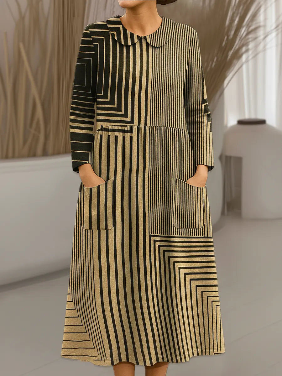 Women's Vintage Abstract Geometry Art Print Cotton Lapel Button-Down Shirt Dress