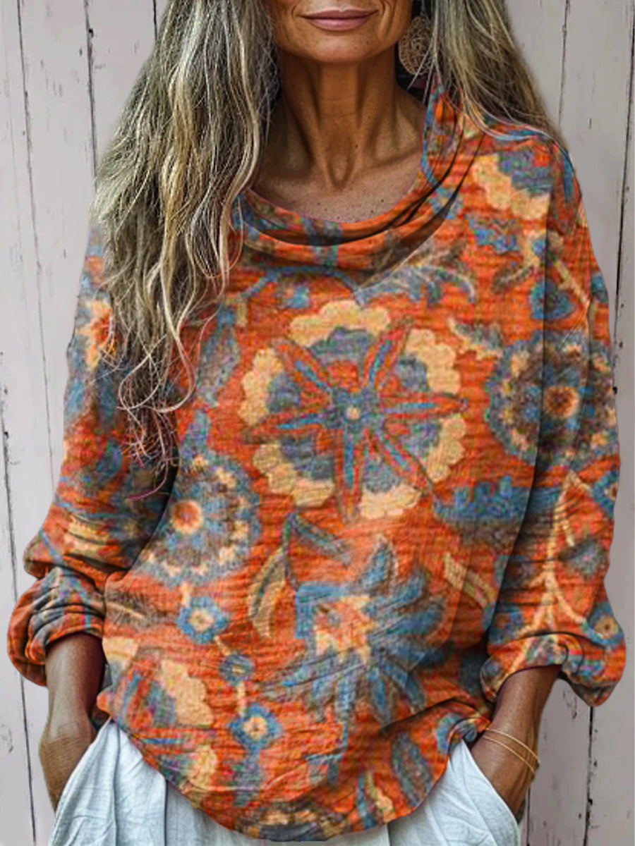 Women's Vintage Ethnic Floral Painting Art Print Casual Long Sleeve Comfortable Cotton Shirt