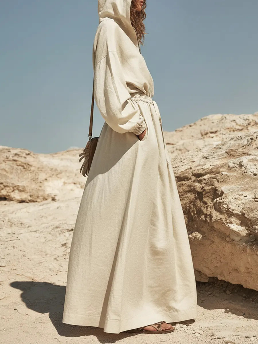 Women's Retro Hooded Zip Art Casual Stylish Cotton Linen Maxi Dress
