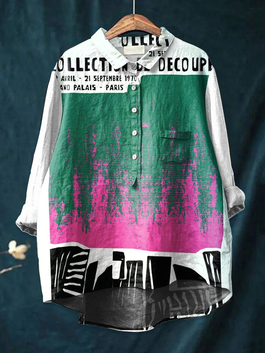 Women's Retro Poster  Art  Print Casual Cotton And Linen Shirt