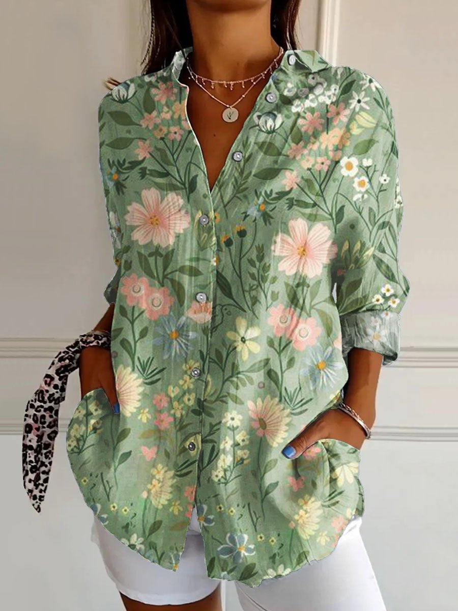 Women's  Floral Art  Print Casual Cotton Shirt