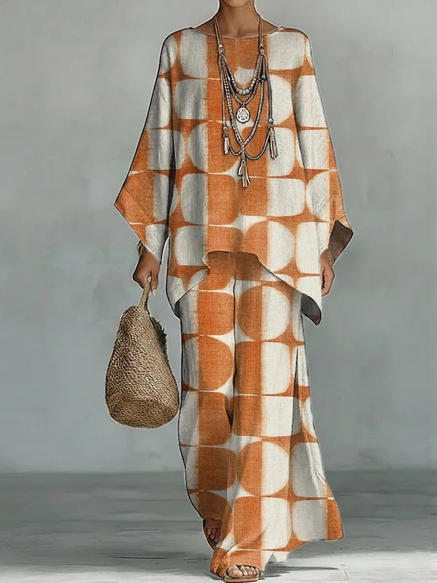 Women's Vintage Geometric Art Comfortable Loose Cotton Linen Wide-leg Pants Two-piece Set