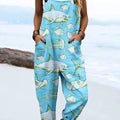 Women's Vintage Fish Art Print Casual 100% Cotton Wide Leg Jumpsuit