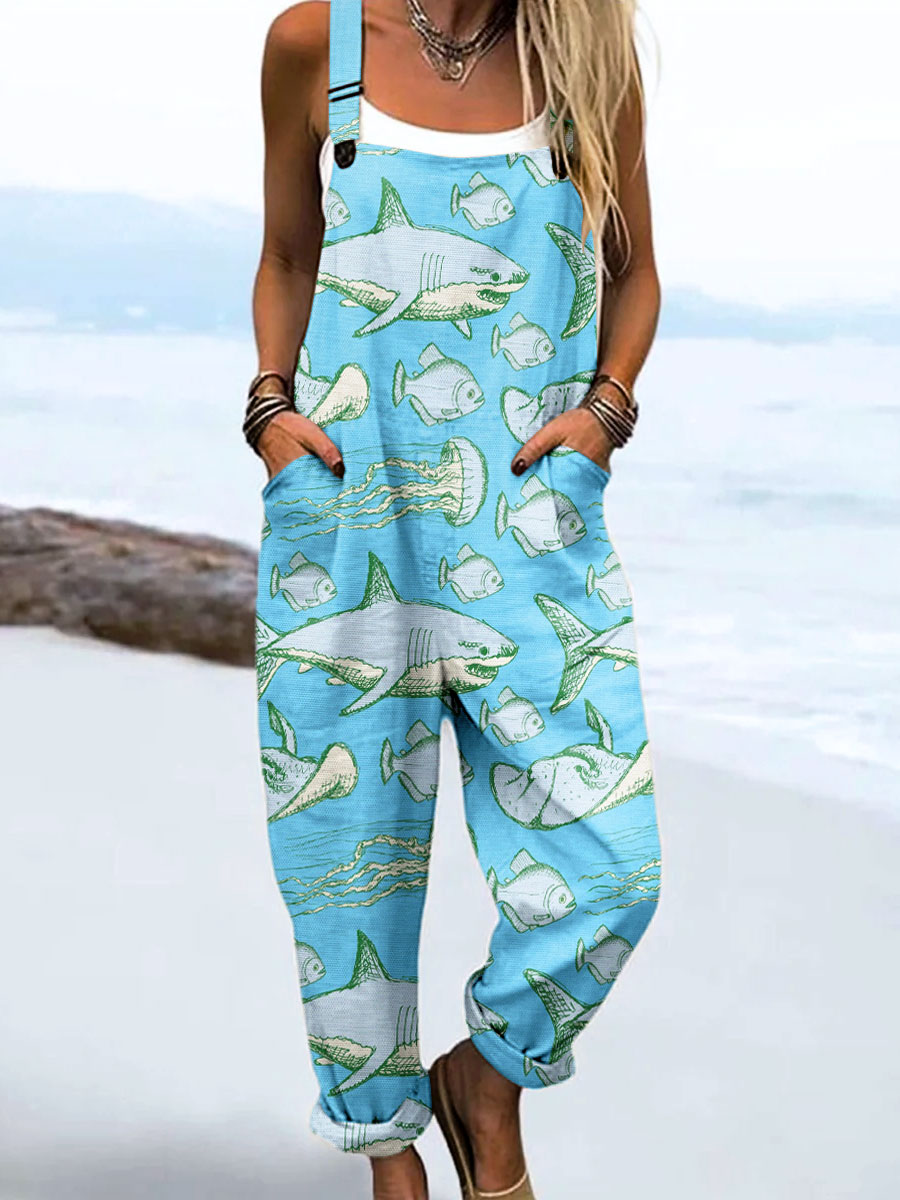 Women's Vintage Fish Art Print Casual 100% Cotton Wide Leg Jumpsuit