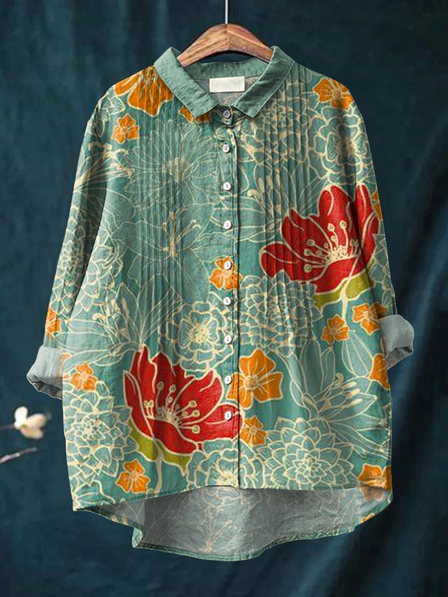 Women's Vintage Floral Art Print Casual Cotton And Linen Ruffle Shirt