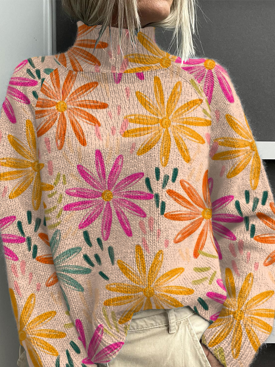 vintage-flower-art-print-knit-turtleneck-pullover-sweater