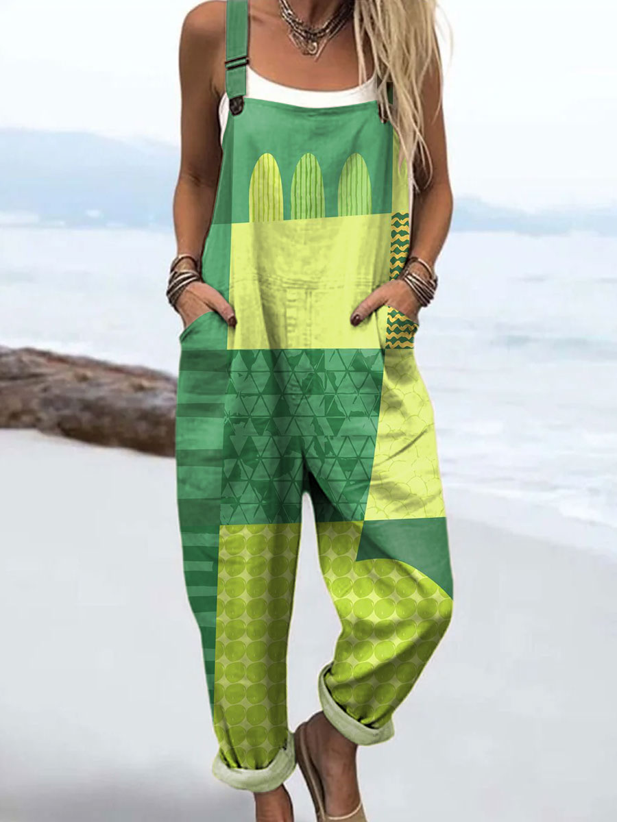 Women's Colorful Abstract Grapes Geometric Art Print Casual 100% Cotton Wide Leg Jumpsuit