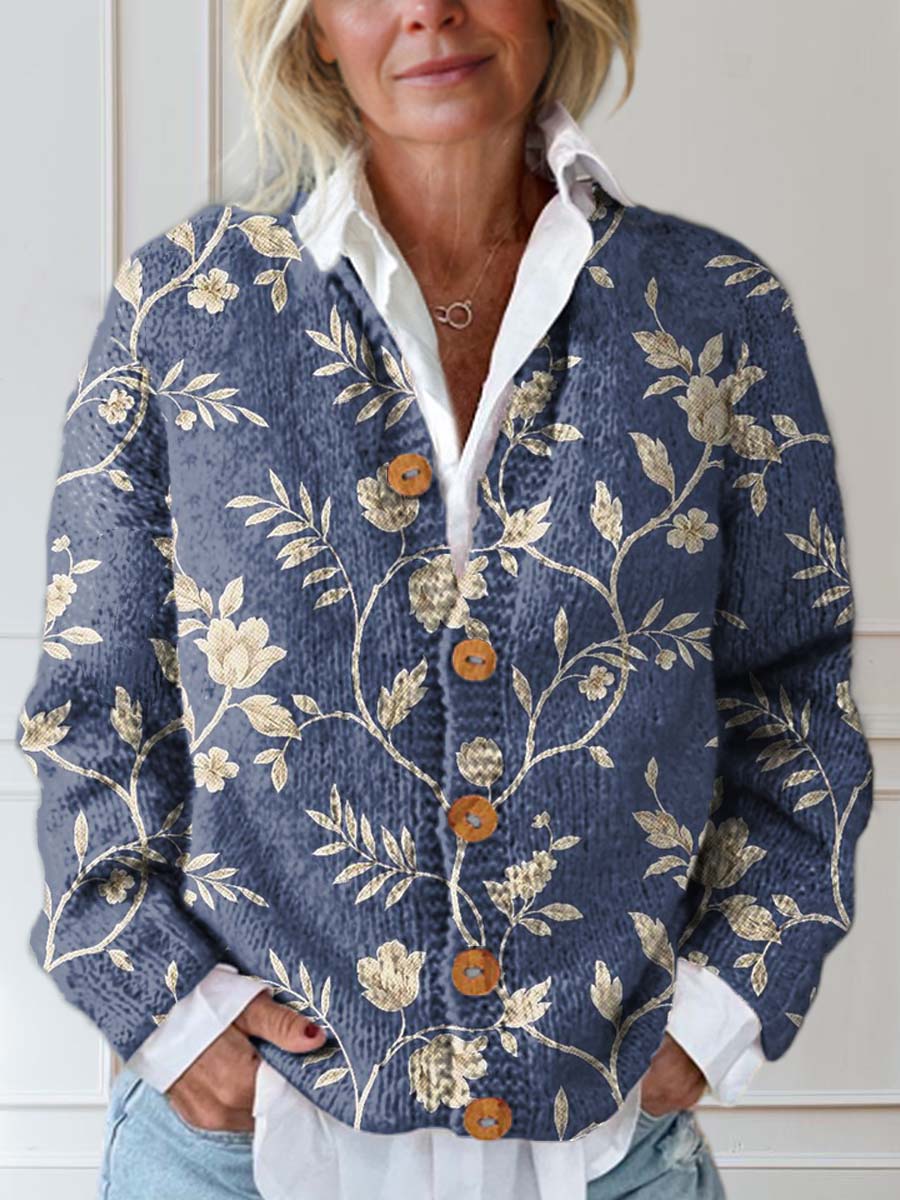 Women's Vintage Floral Art Print Buttoned Cardigan Sweater