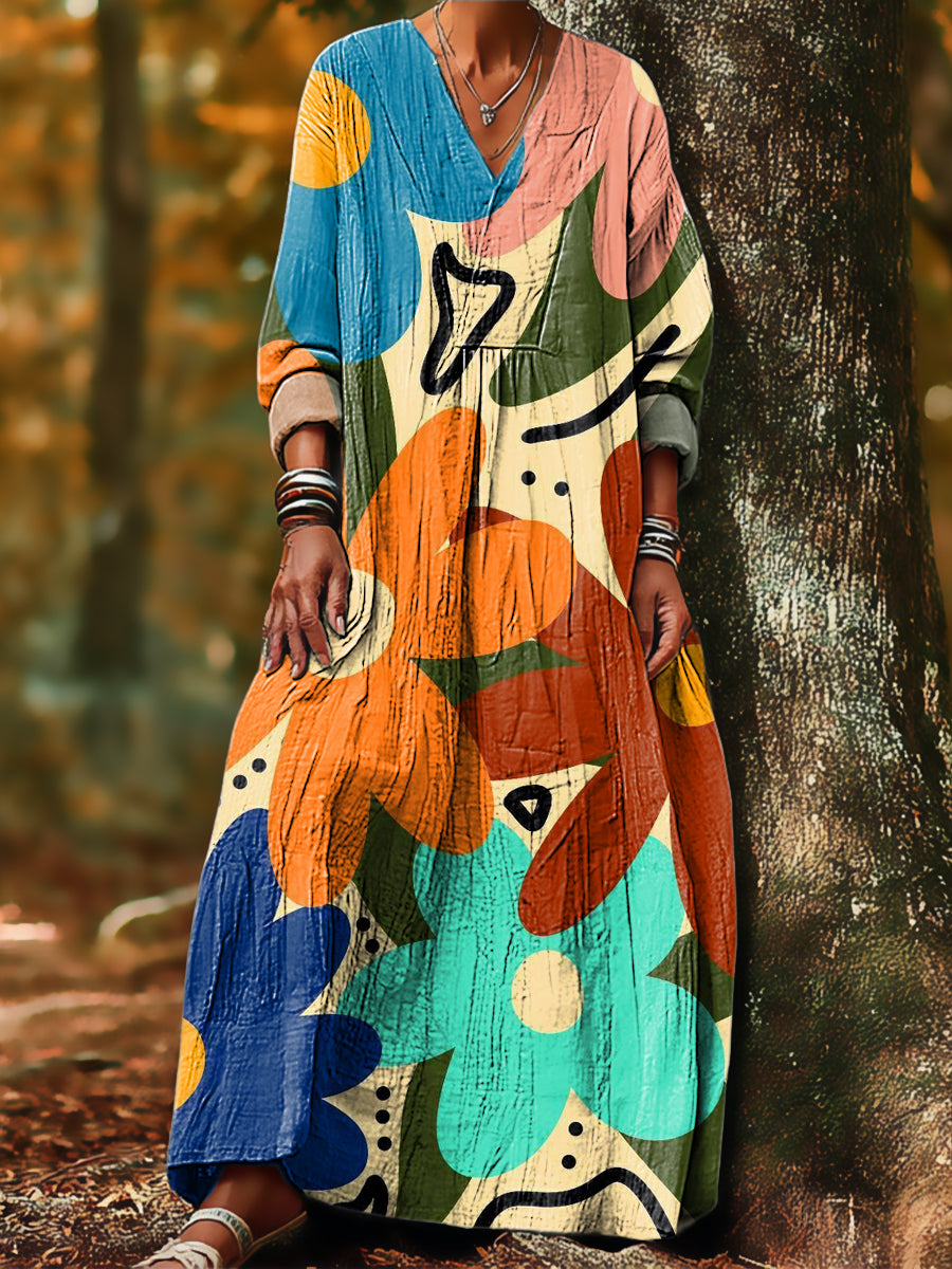 Women's Vintage Colorful Large Flower Painting Art Print Dress