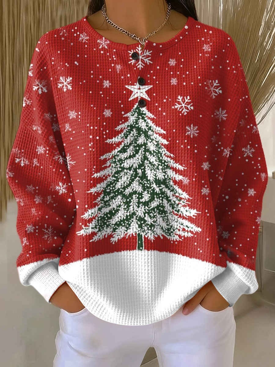 Women's Vintage Christmas Tree Art Print Casual Waffle Henry Collar Sweatshirt
