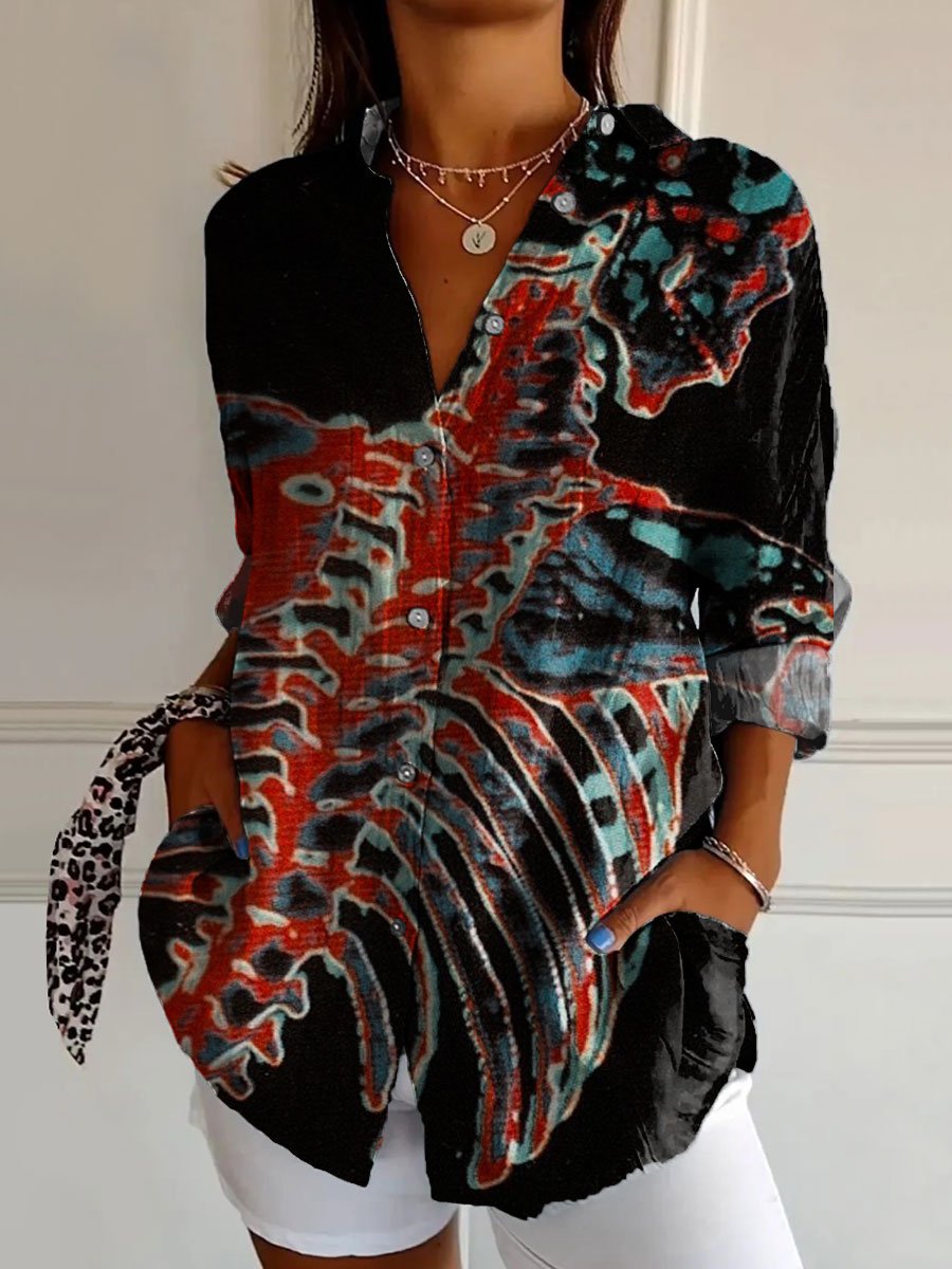 Women's Vintage Skull Back Art Print Casual Cotton Shirt