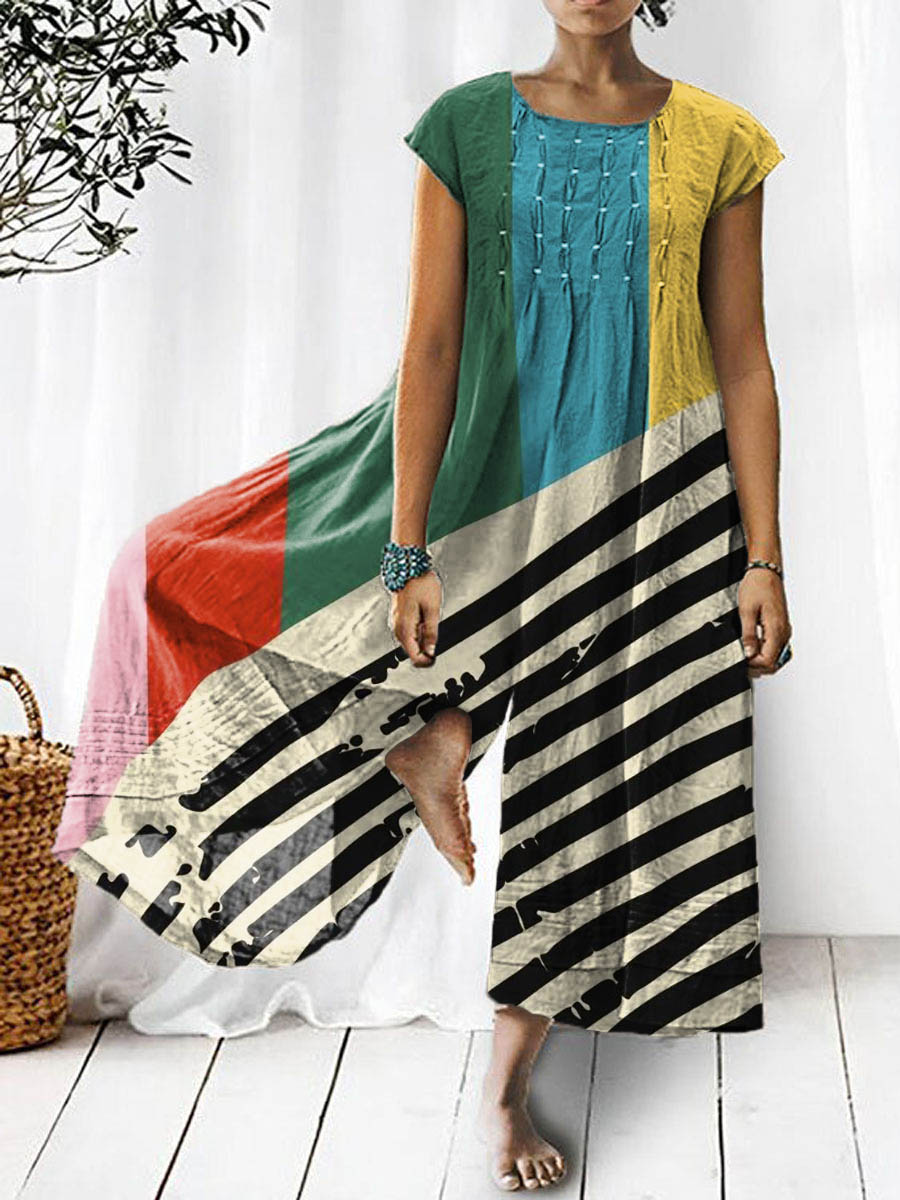 Women's Abstract Geometric Pattern Art Print Casual Denim Jumpsuit