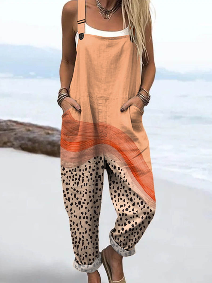 Women's Abstract Dot Pattern Art Print Casual 100% Cotton Wide Leg Jumpsuit