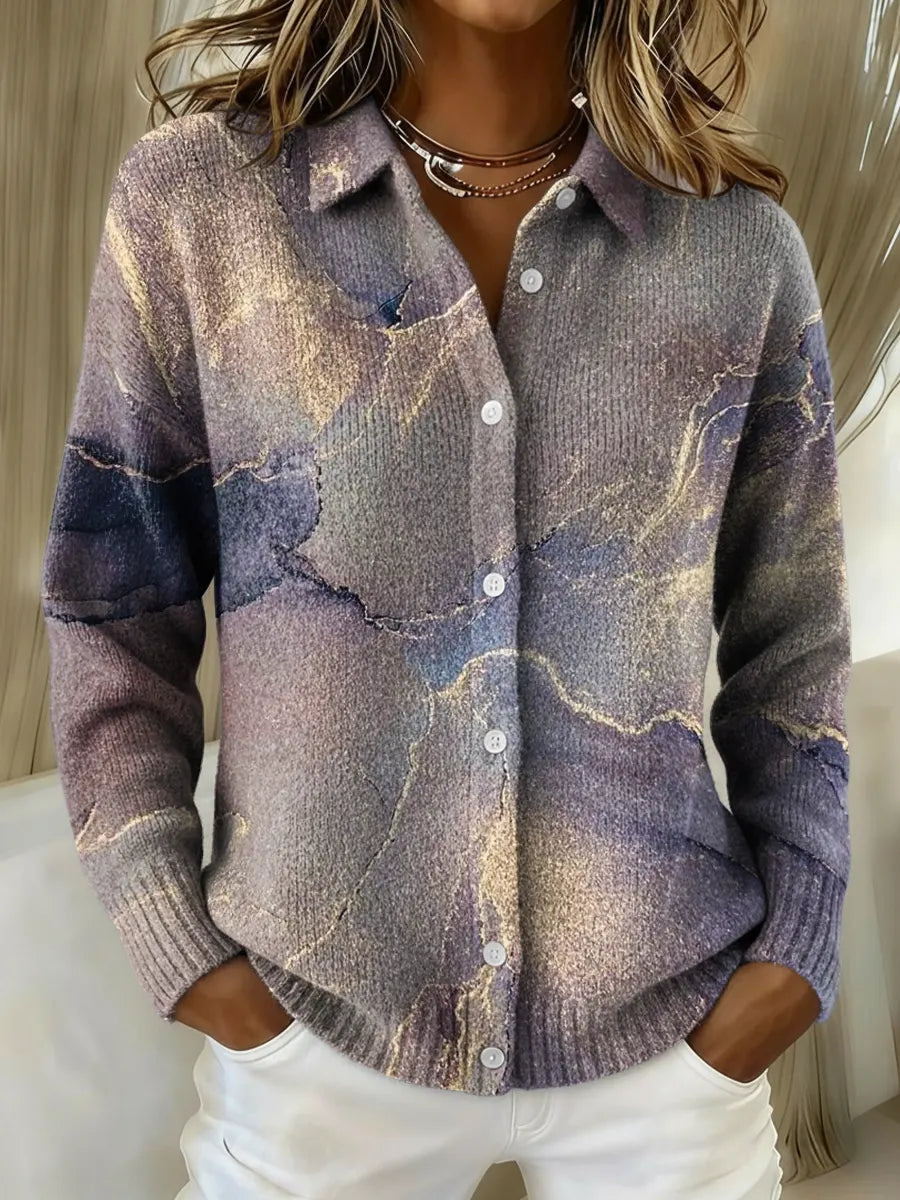 Women's Purple Gradient Texture Print Printed Collared Sweater