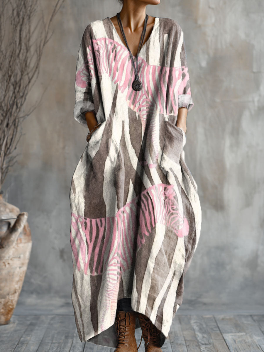 Women's Zebra Art Pattern Print Pocket V-neck Cotton Dress