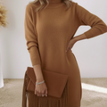 Elegant and Soft Solid Color High-neck Knitted Dress