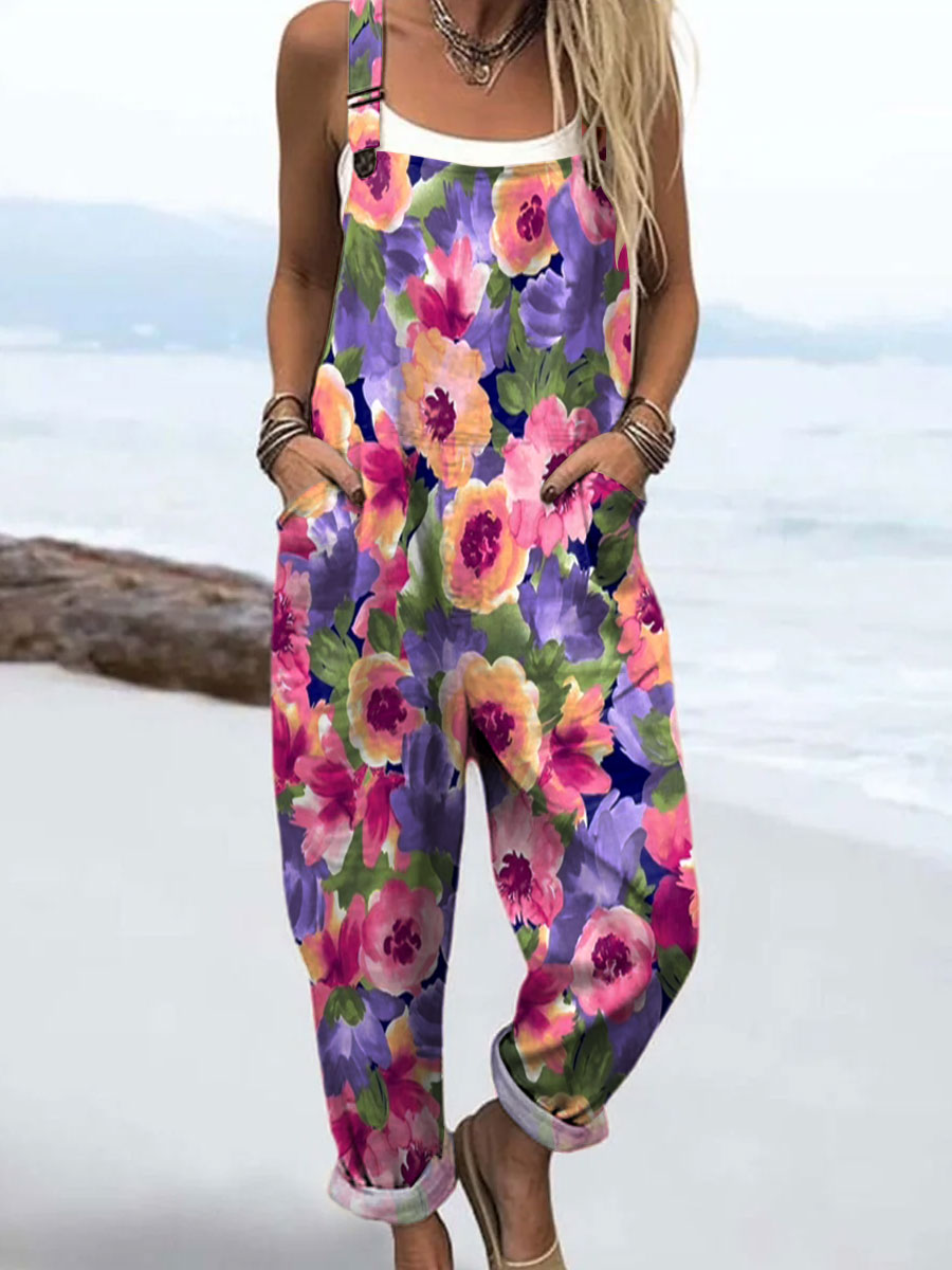 Women's Vintage Flower Art Print Casual 100% Cotton Wide Leg Jumpsuit