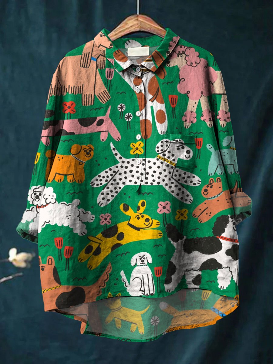 Women's Cute Dog Art Print Casual Cotton And Linen Shirt