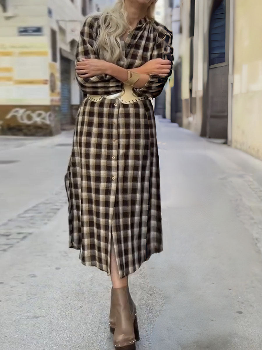 Women's Plaid Print Lapel Long Sleeve Casual Cotton and Linen Shirt Dress