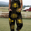 Women's Lovely Bees Art Print Casual 100% Cotton Wide Leg Jumpsuit