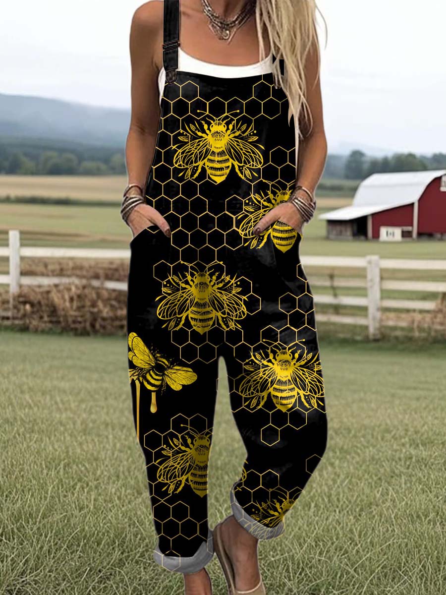 Women's Lovely Bees Art Print Casual 100% Cotton Wide Leg Jumpsuit