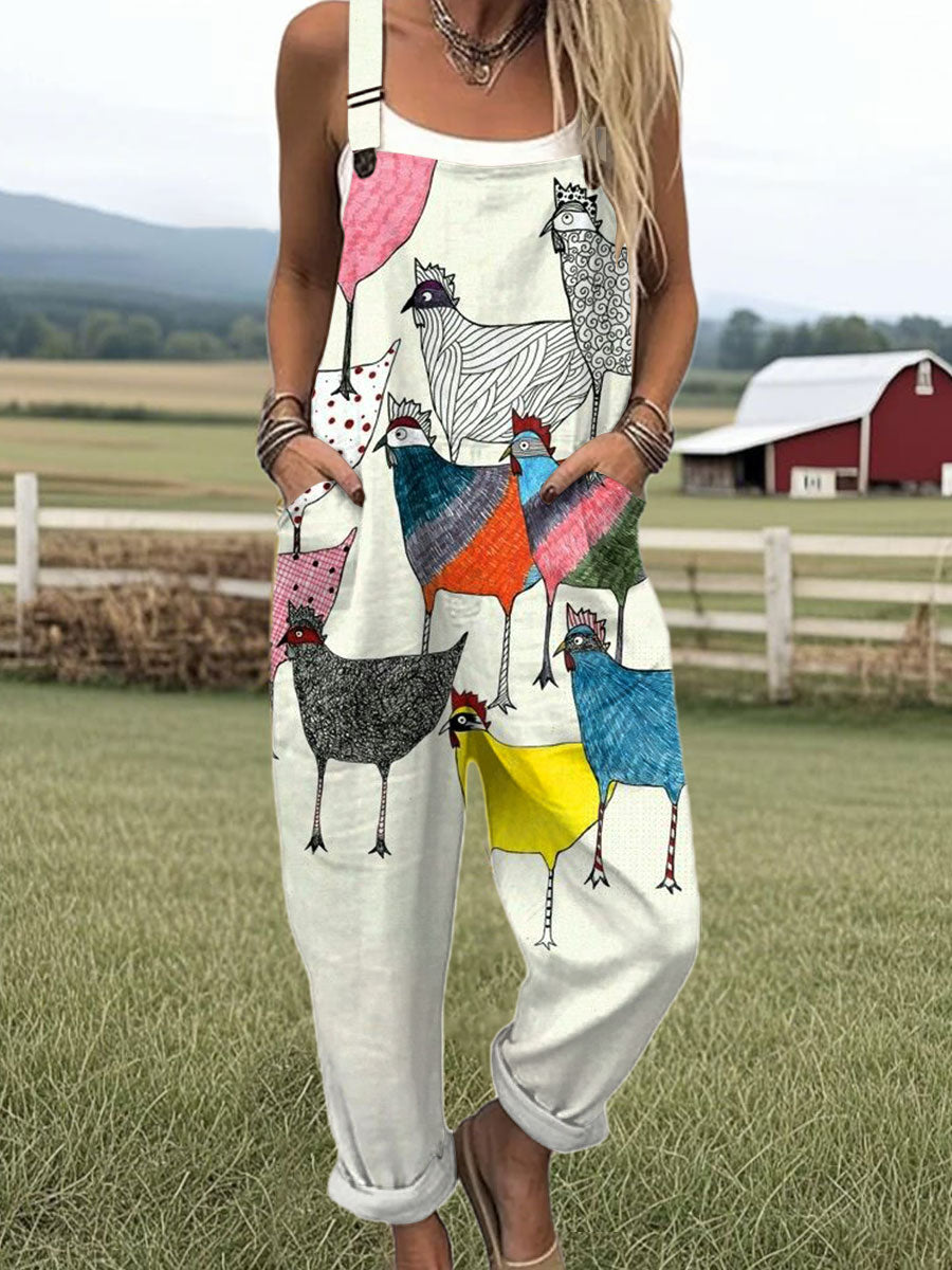 Women's Funny Chick Art Print Casual 100% Cotton Wide Leg Jumpsuit