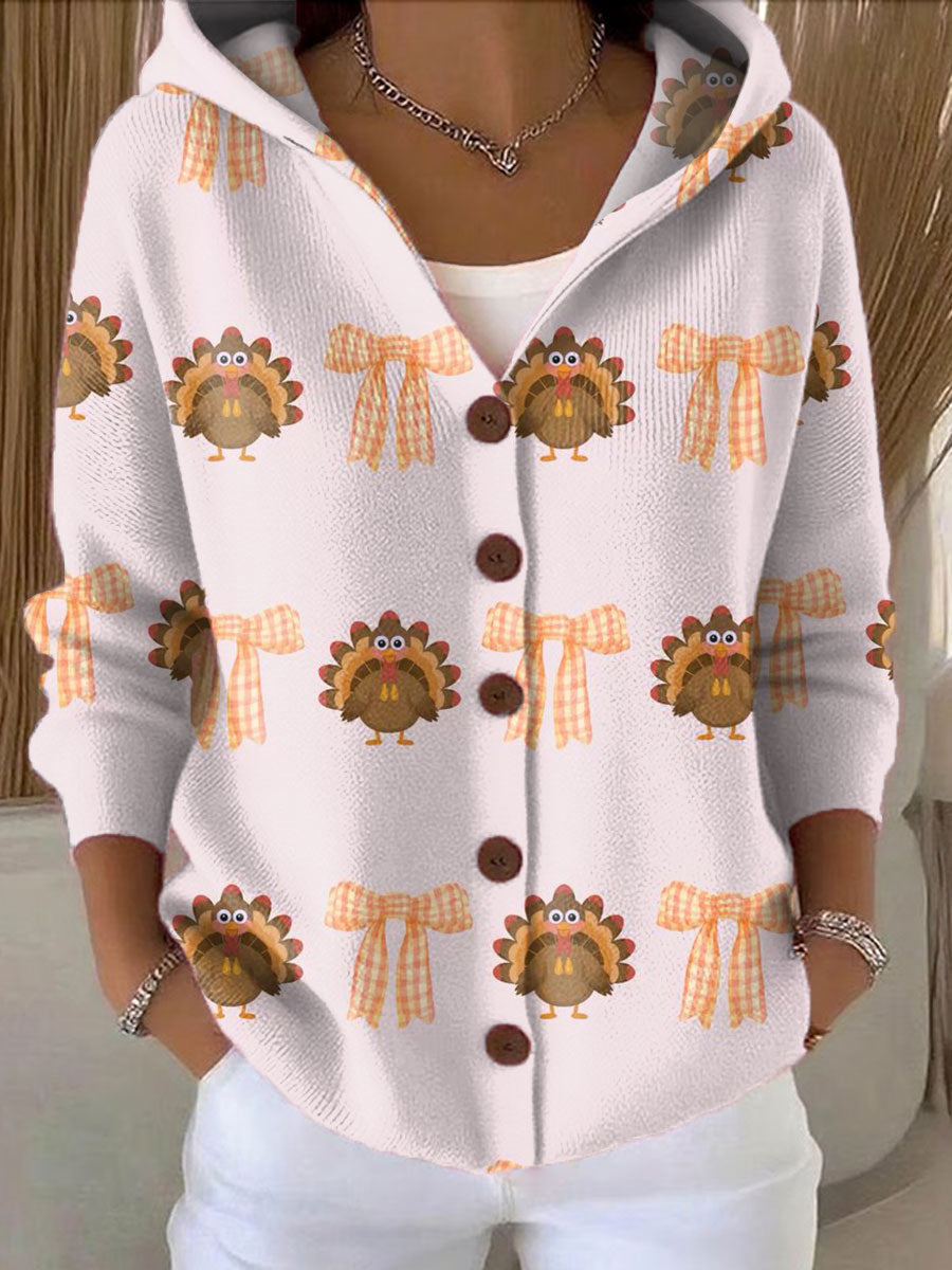 Women's Thanksgiving Retro Turkey Art Printed Casual Hooded Button Sweater