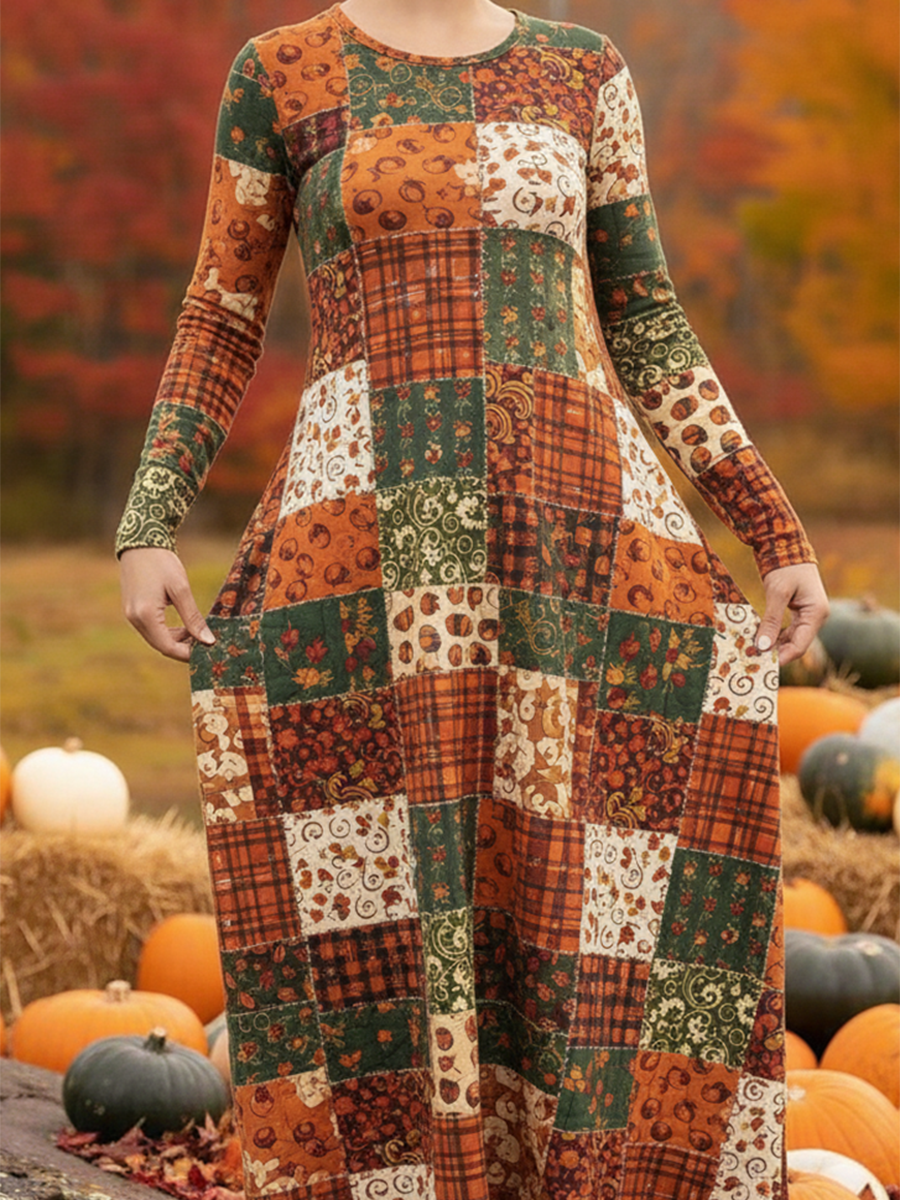Women's Pumpkin Jigsaw Print Stretch Dress