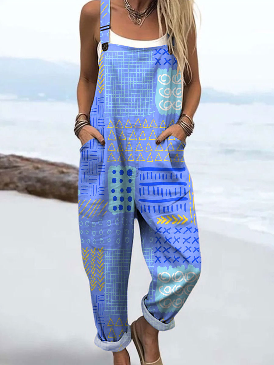 Women's Abstract Geometric Symbol Art Print Casual 100% Cotton Wide Leg Jumpsuit