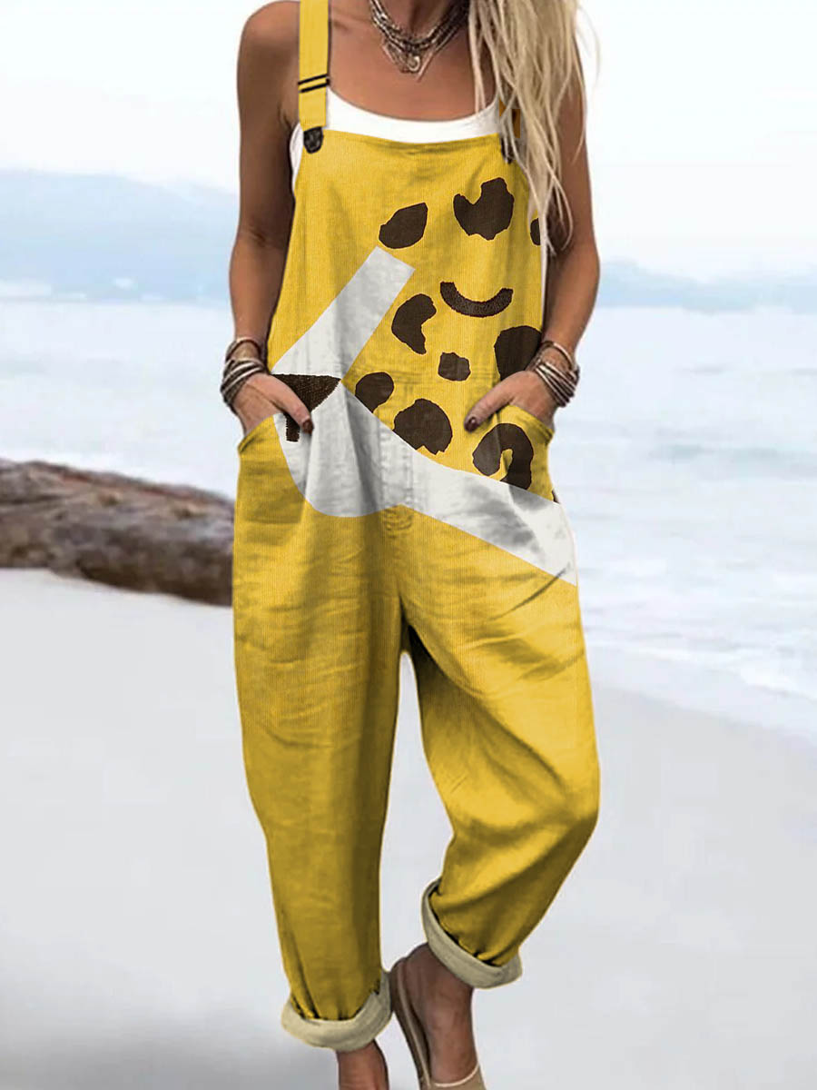 Women's Lovely Leopard Pattern Art Print Casual 100% Cotton Wide Leg Jumpsuit