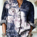 Women's Vintage Abstract Rose Floral Painting Art Print Casual Cotton And Linen Ruffle Shirt