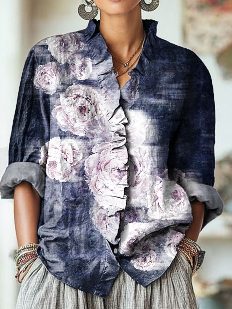 Women's Vintage Abstract Rose Floral Painting Art Print Casual Cotton And Linen Ruffle Shirt