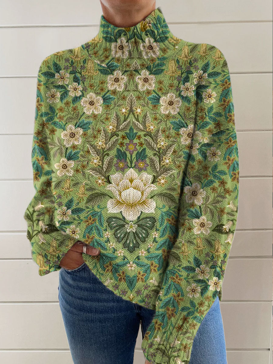 Women's Vintage Green Ethnic Art Flower Print Knit Turtleneck Pullover Sweater