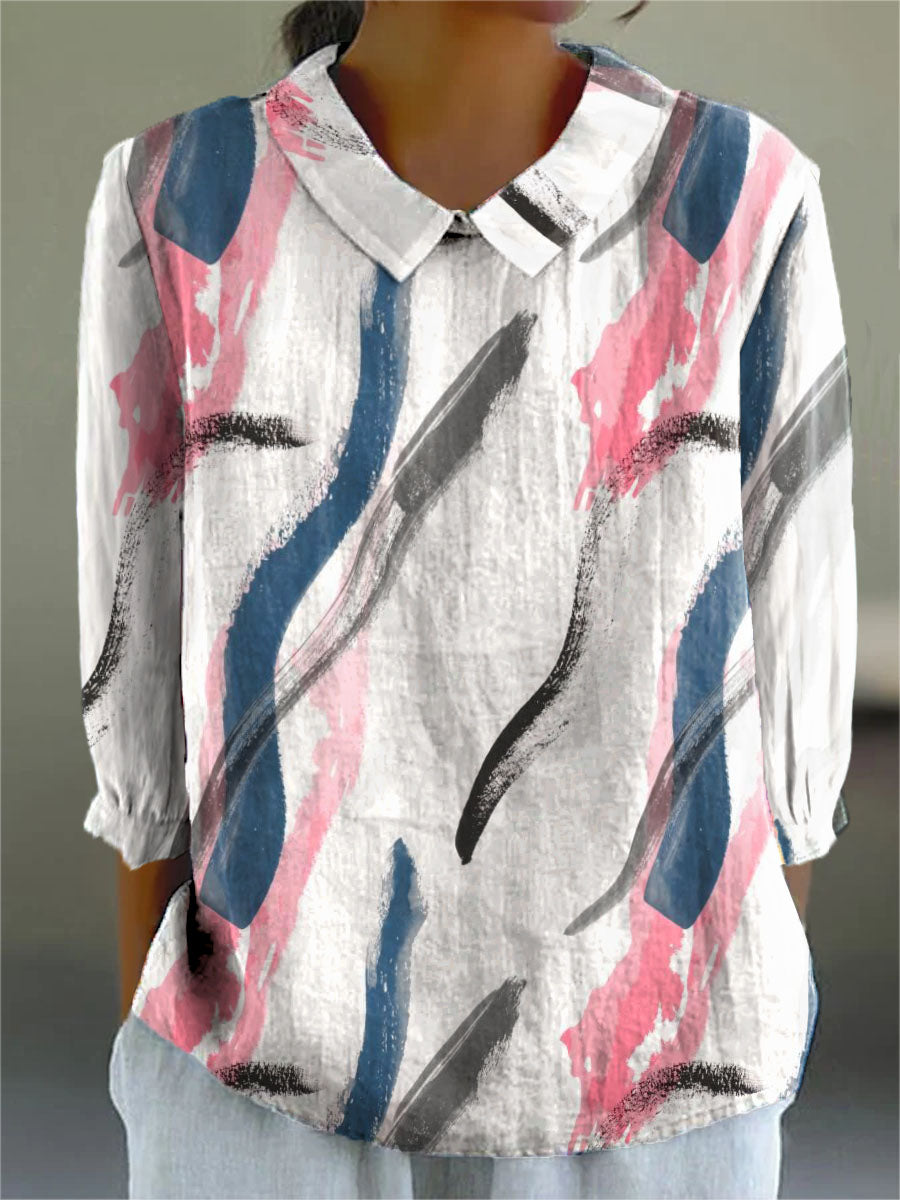 Women's Ink Streaks Print Casual Cotton And Linen 3/4 Sleeve Shirt