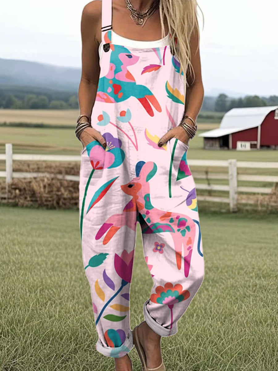 Women's Pink Art Cute Pony Print Casual 100% Cotton Wide Leg Jumpsuit