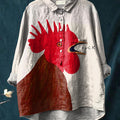 Funny Rooster Graphic Printed Women's Casual Cotton And Linen Shirt