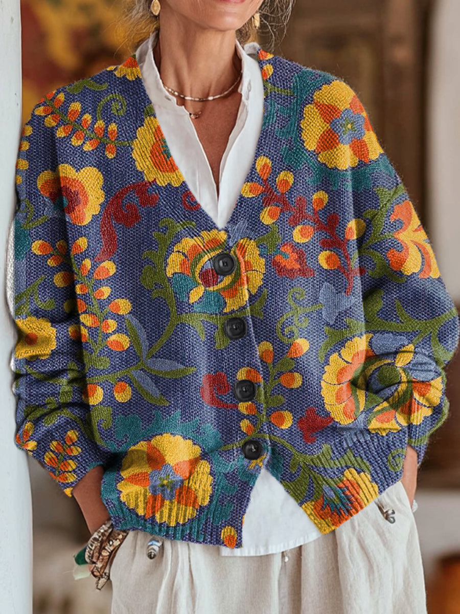 beautiful-ethnic-geometric-floral-painting-art-print-buttoned-v-neck-cardigan-sweater