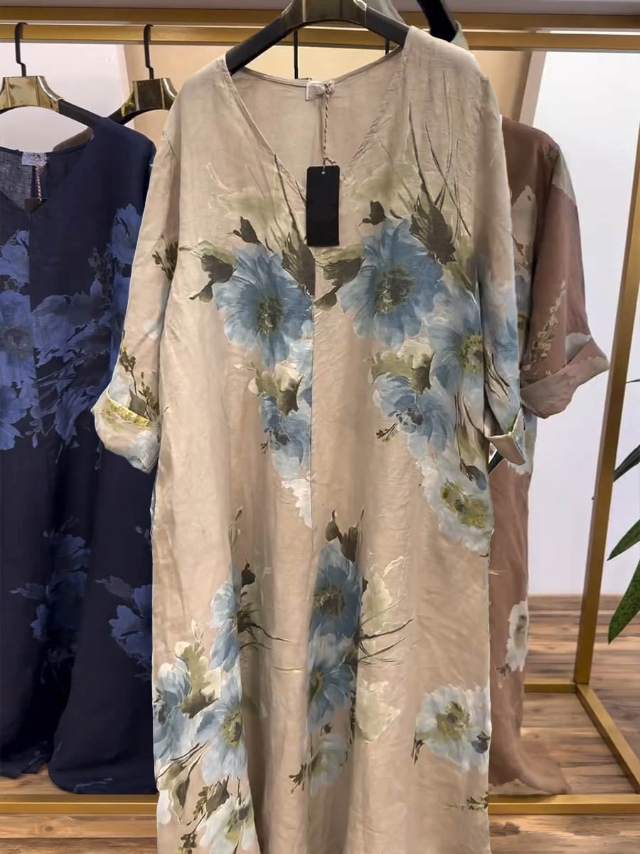 Women's V-neck Long Sleeve Casual Loose Retro Printed Cotton and Linen Dress