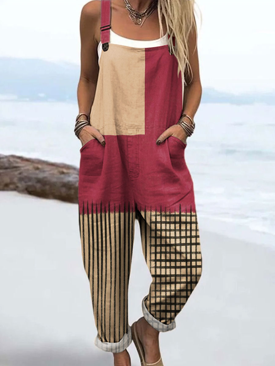 Women's Colorful Abstract Stripes Geometric Art Print Casual 100% Cotton Wide Leg Jumpsuit